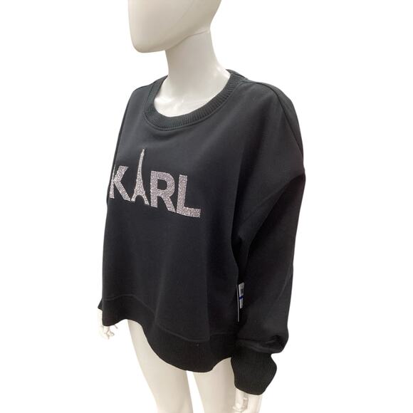 NWT Karl Lagerfeld Top/Sweatshirt 60% Cotton Blend Bejeweled Logo Karl Black - Picture 2 of 5